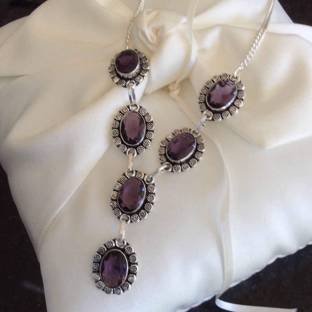 Sterling Silver 925 Vintage Style Oval Amethyst Gemstone Necklace